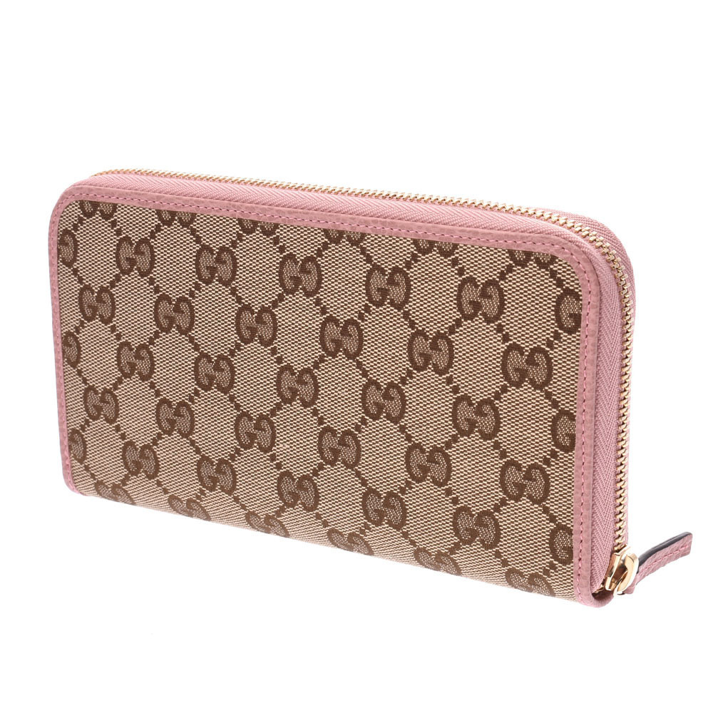 Gucci Zipper Round Wallet Canvas Pink GG Beige Long Pink Tan